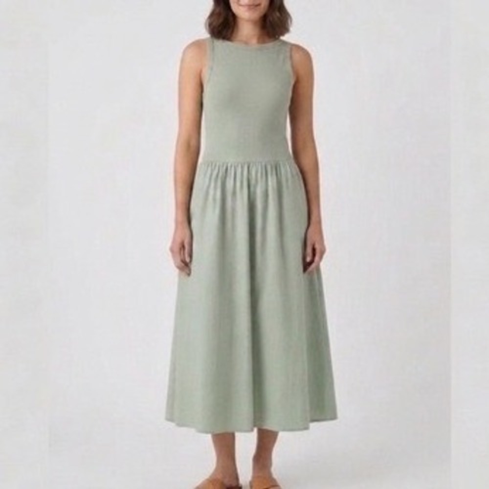 COS Sage Green Mixed Media Sleeveless Midi Dress with Pockets 1238139001 US L
